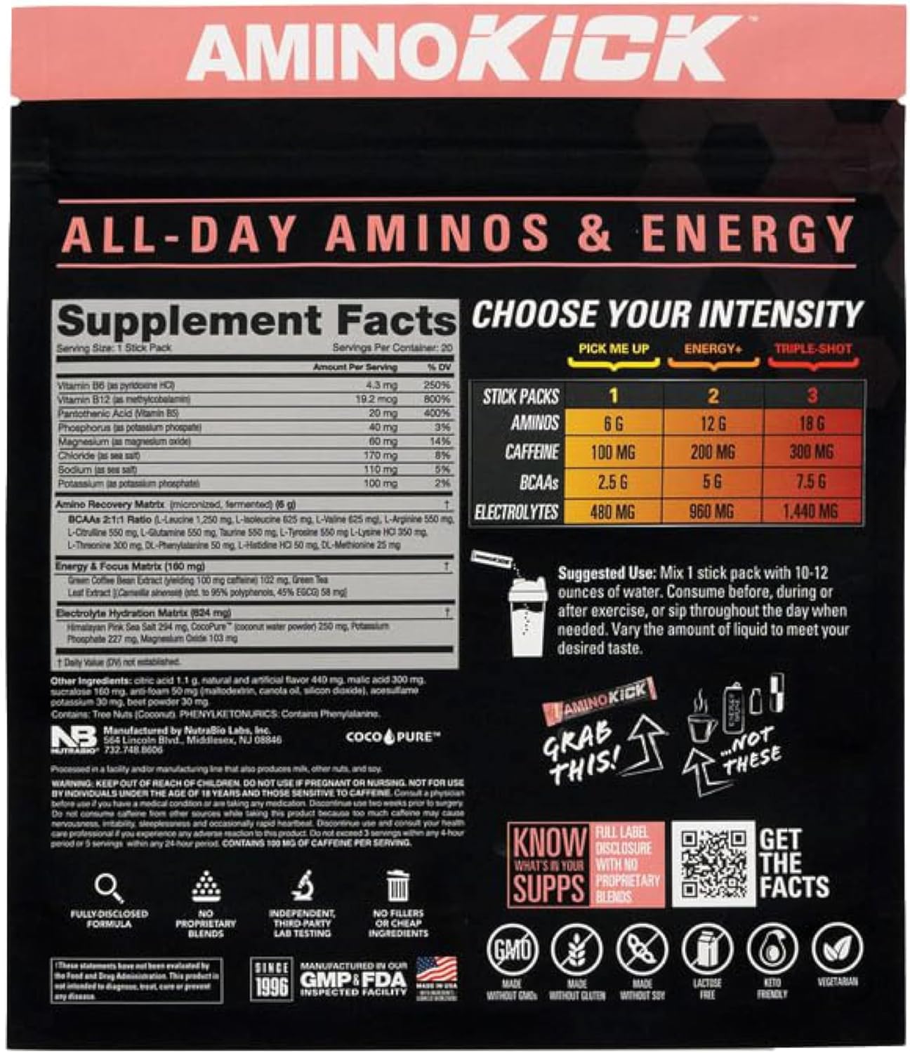 NutraBio Amino Kick Performance Formula Raspberry Lemonade 20 Servings - 6g Amino Acids for Energy, Hydration, Recovery - Muscle Building Support