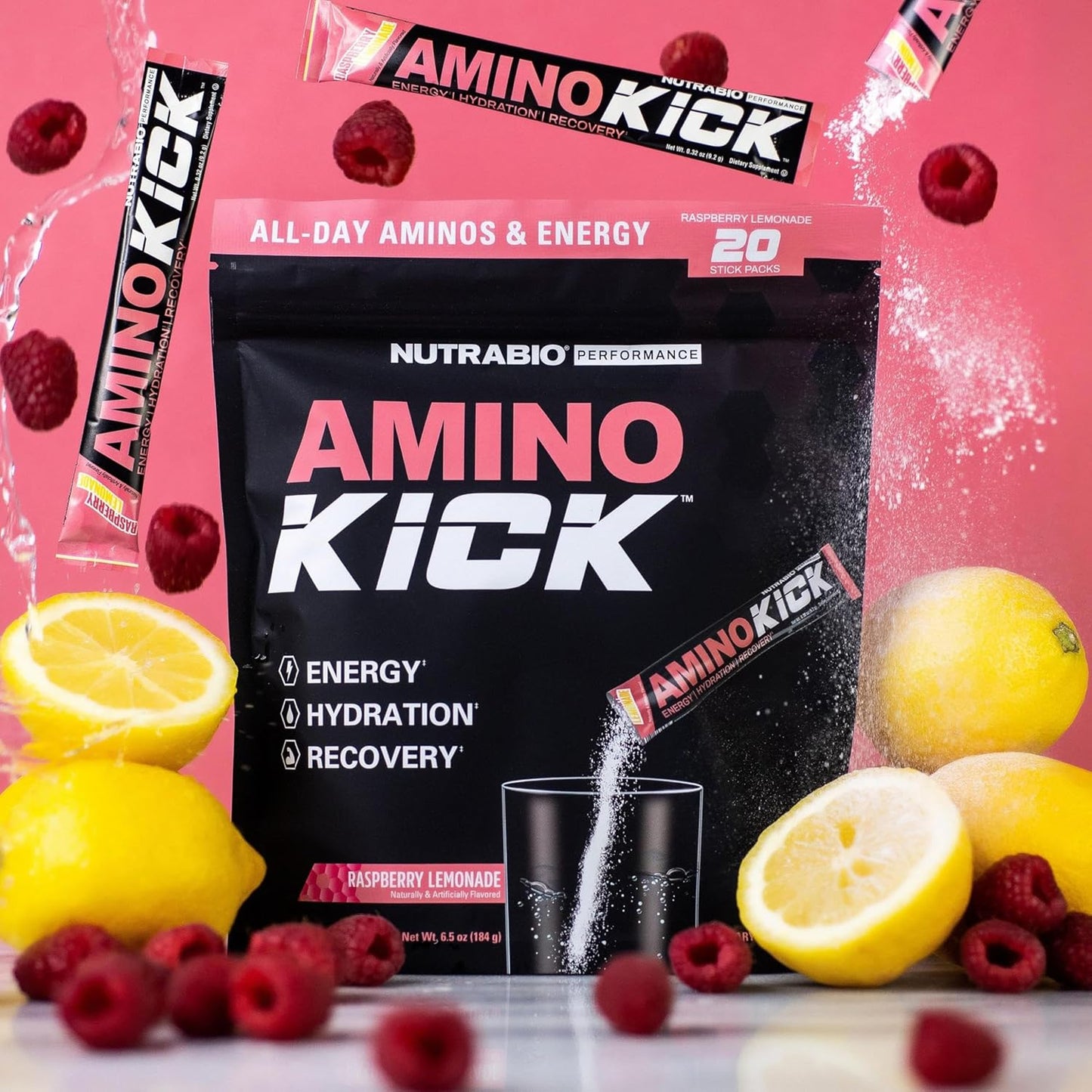 NutraBio Amino Kick Performance Formula Raspberry Lemonade 20 Servings - 6g Amino Acids for Energy, Hydration, Recovery - Muscle Building Support
