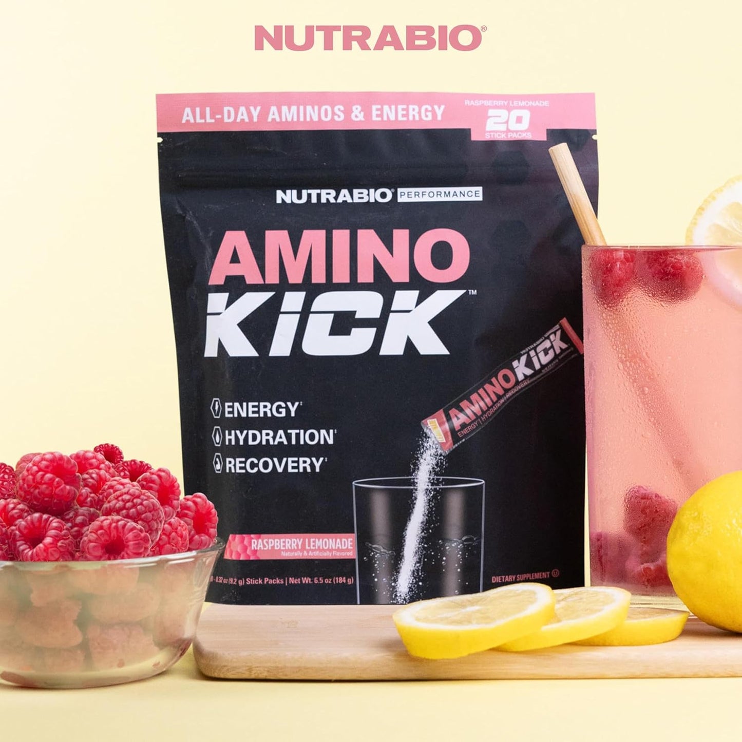 NutraBio Amino Kick Performance Formula Raspberry Lemonade 20 Servings - 6g Amino Acids for Energy, Hydration, Recovery - Muscle Building Support