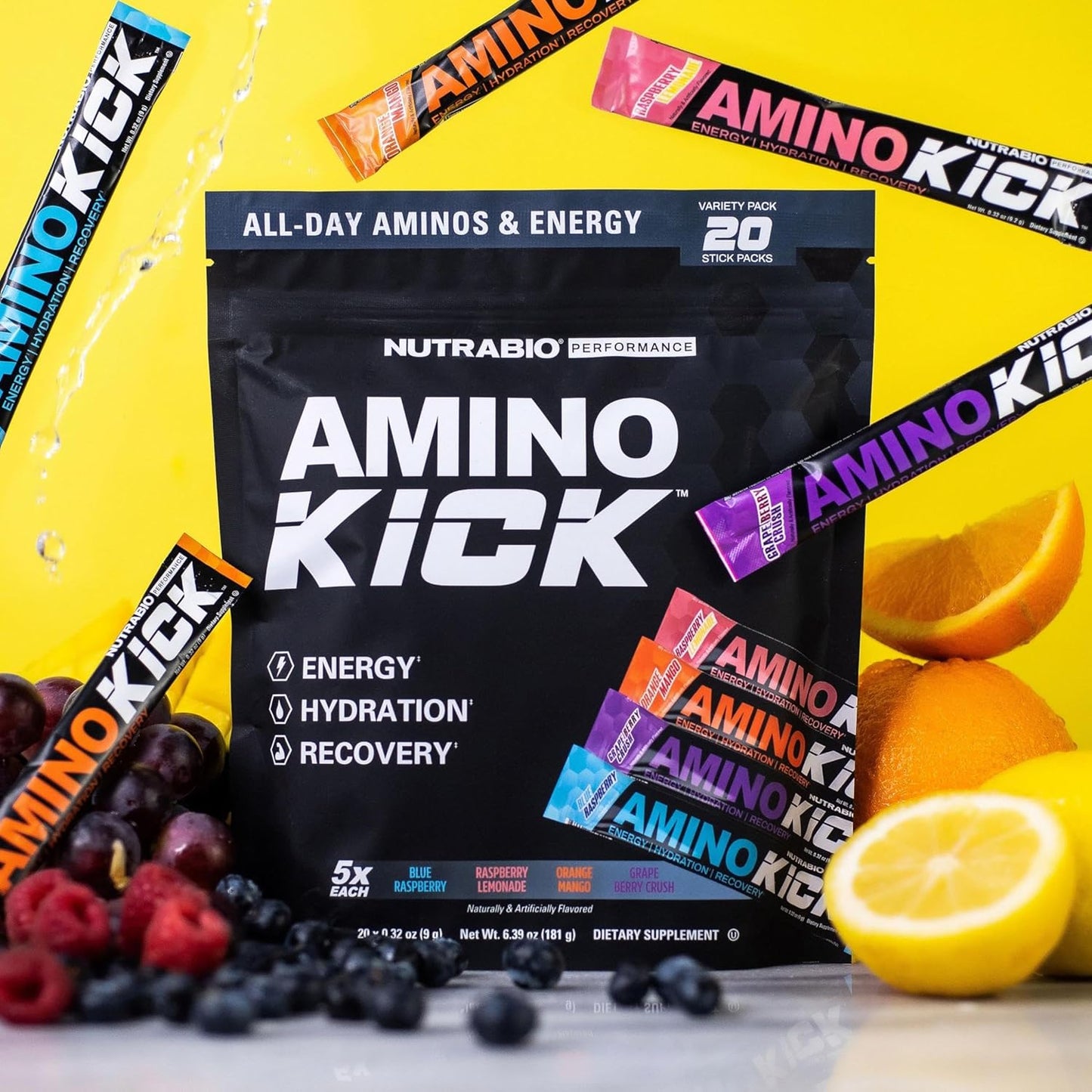 NutraBio Amino Kick Variety Pack - All-in-One Performance Formula for Energy, Hydration, and Recovery with 6g Amino Acids - 20 Servings for Muscle Building Support