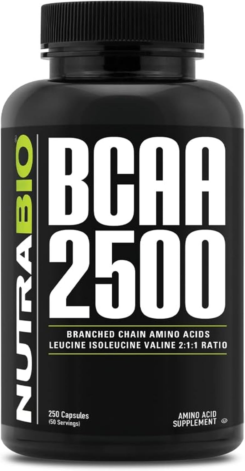 NutraBio BCAA 2500 Capsules - Supports Muscle Growth & Prevents Breakdown - Branched Chain Amino Acids for Strength & Recovery