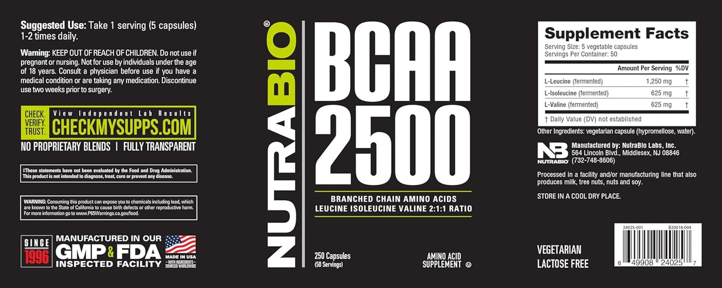 NutraBio BCAA 2500 Capsules - Supports Muscle Growth & Prevents Breakdown - Branched Chain Amino Acids for Strength & Recovery