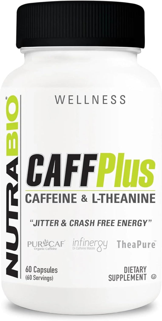 NutraBio CaffPlus: 60 Vegetable Capsules for Healthy Energy Boost with Dual Source Caffeine and Theanine