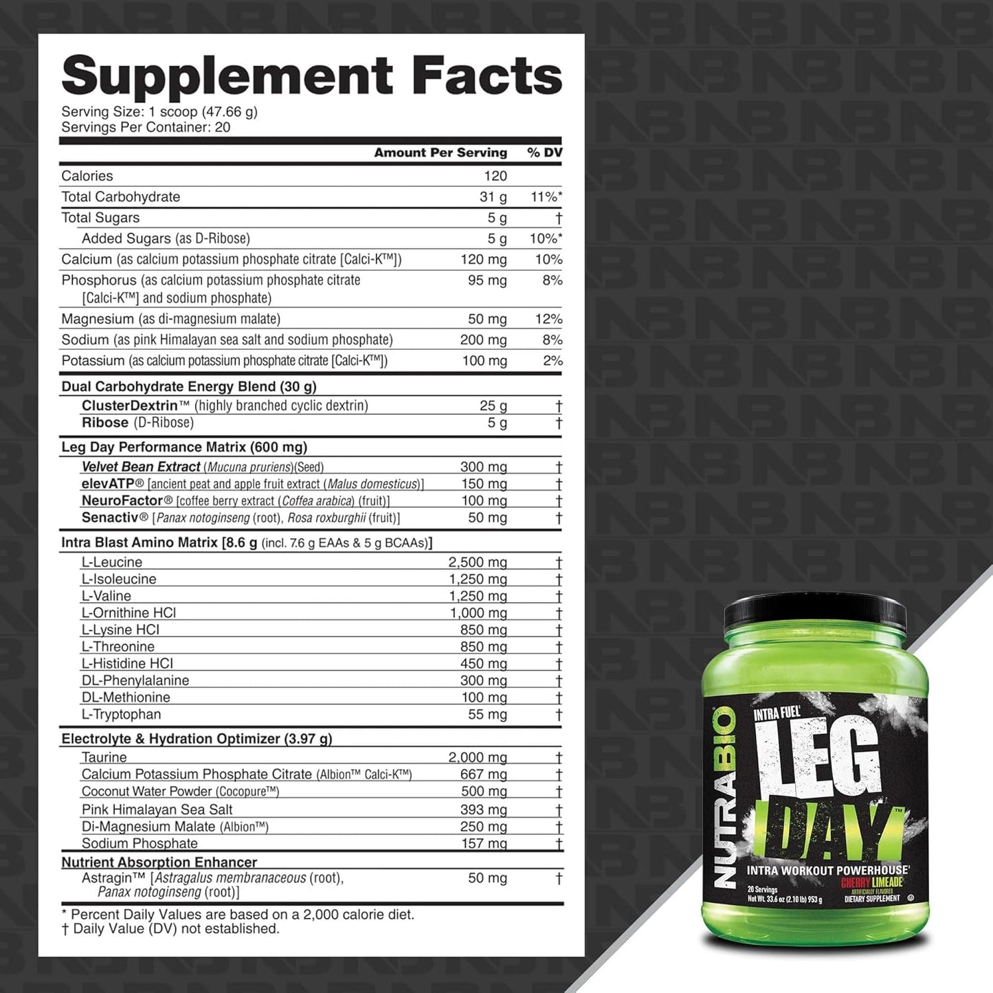 NutraBio Cherry Lime Leg Day Intra Carb Supplement with Electrolytes - Advanced Carbohydrate & Amino Acid Formula for Recovery & Performance