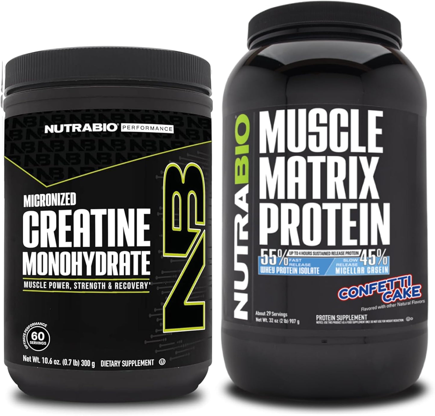 NutraBio Creatine Monohydrate (300g) & Muscle Matrix Protein Powder (Confetti Cake) Bundle - Boost Muscle Energy, Growth, Recovery, Strength