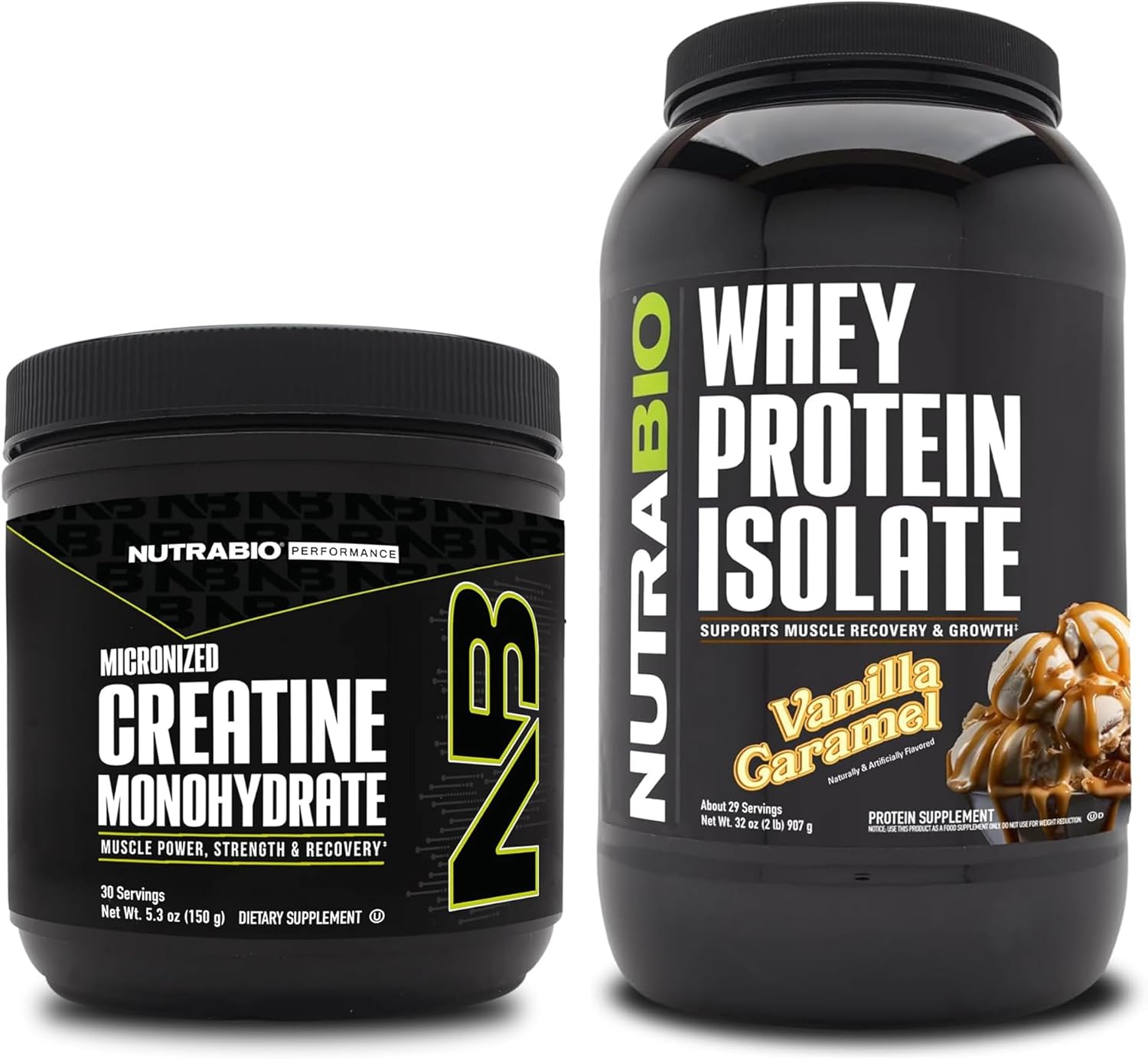 NutraBio Creatine Monohydrate and Whey Protein Isolate Bundle - Muscle Energy, Lean Muscle Growth, Recovery, Strength - Unflavored, 150g, Vanilla Caramel.