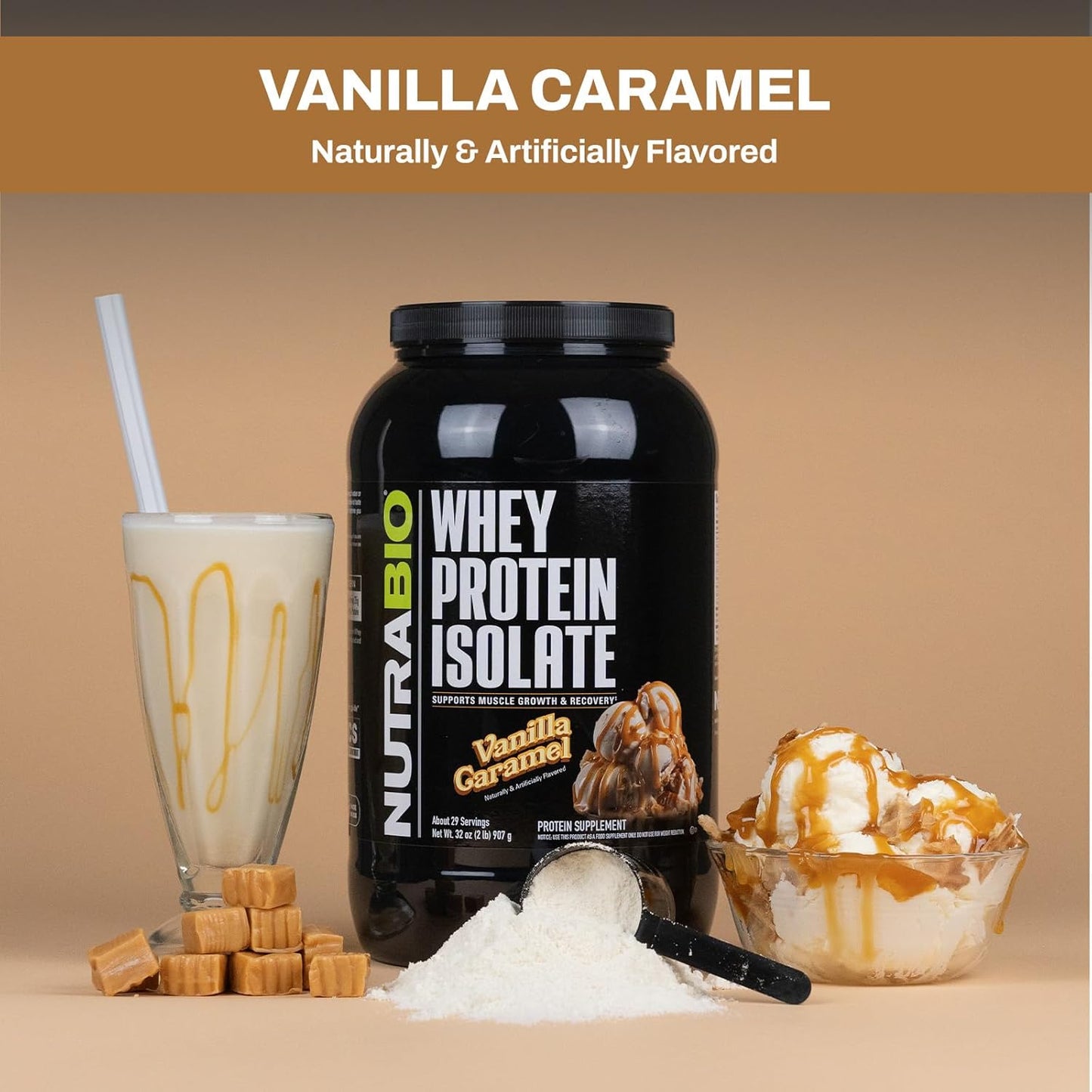 NutraBio Creatine Monohydrate and Whey Protein Isolate Bundle - Muscle Energy, Lean Muscle Growth, Recovery, Strength - Unflavored, 150g, Vanilla Caramel.