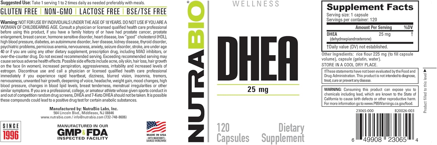 NutraBio DHEA Supplement 25mg - 120 Capsules for Men and Women