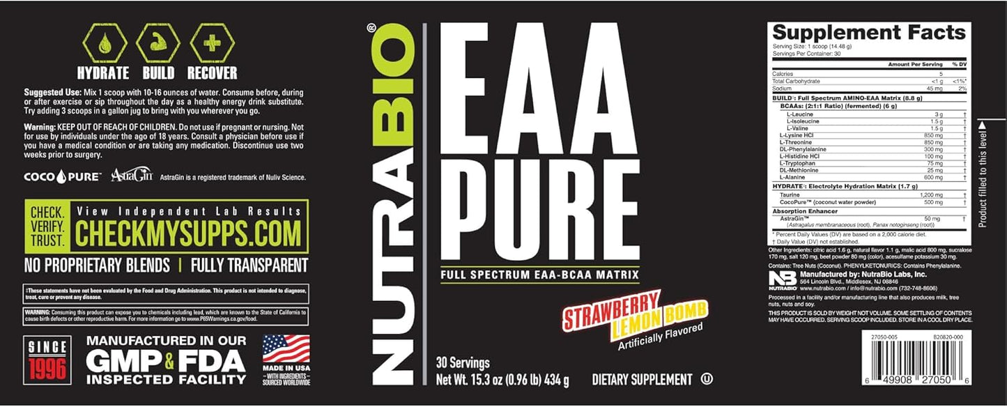 NutraBio EAA Pure Strawberry Lemon Bomb, 30 Servings for Muscle Repair & Recovery, 9 Amino Acids for Pre or Post Workout & All-Day Recovery