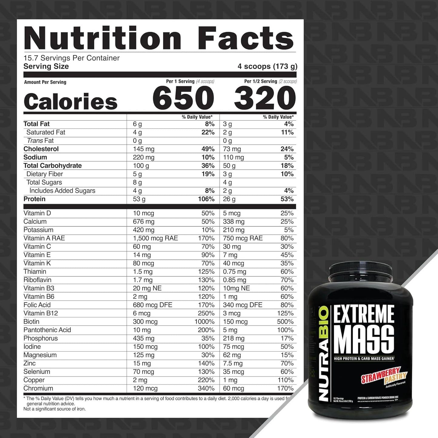 NutraBio Extreme Mass Gainer Protein Powder - Strawberry Pastry, 6lb - 53G Protein, Clean Weight Gainer, Boost Muscle Mass with Amino Acids