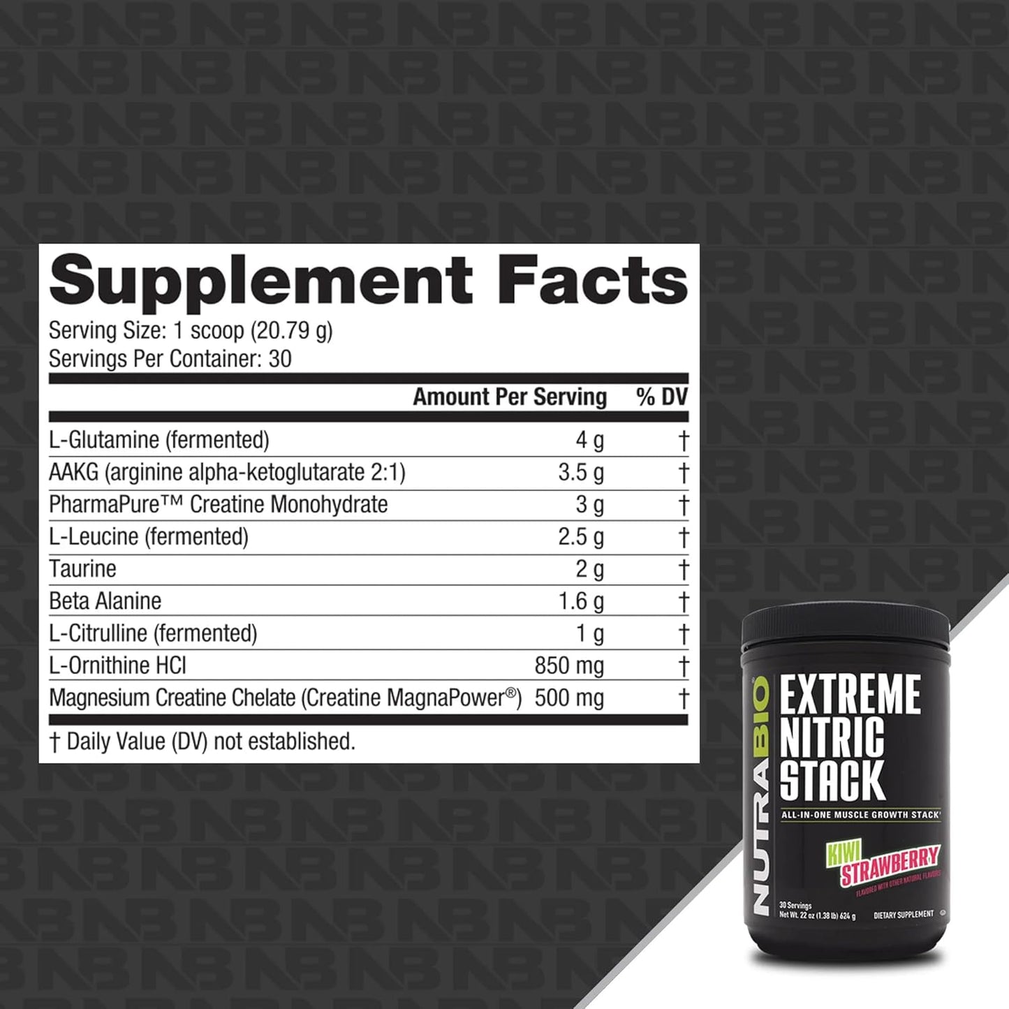 NutraBio Extreme Nitric Stack - Nitric Oxide & Cell Volumizing Formula (Kiwi Strawberry) - 30 Servings