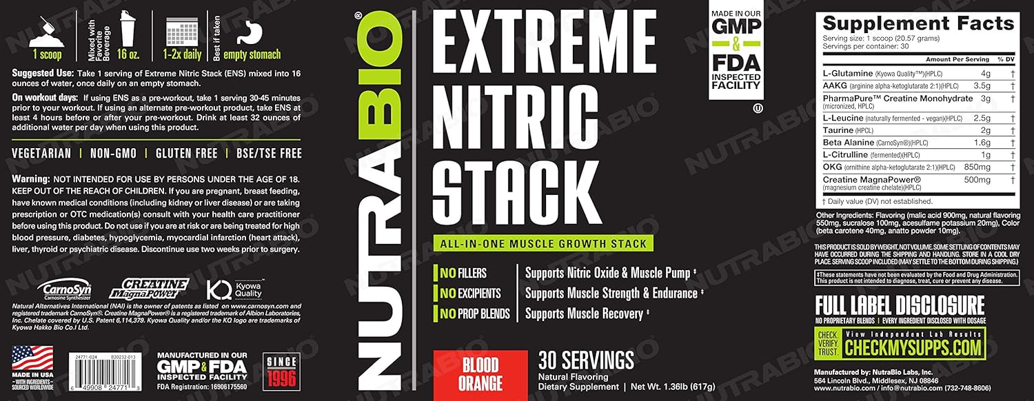 NutraBio Extreme Nitric Stack: Nitric Oxide & Cell Volumizing Formula - 30 Servings, Blood Orange Flavor