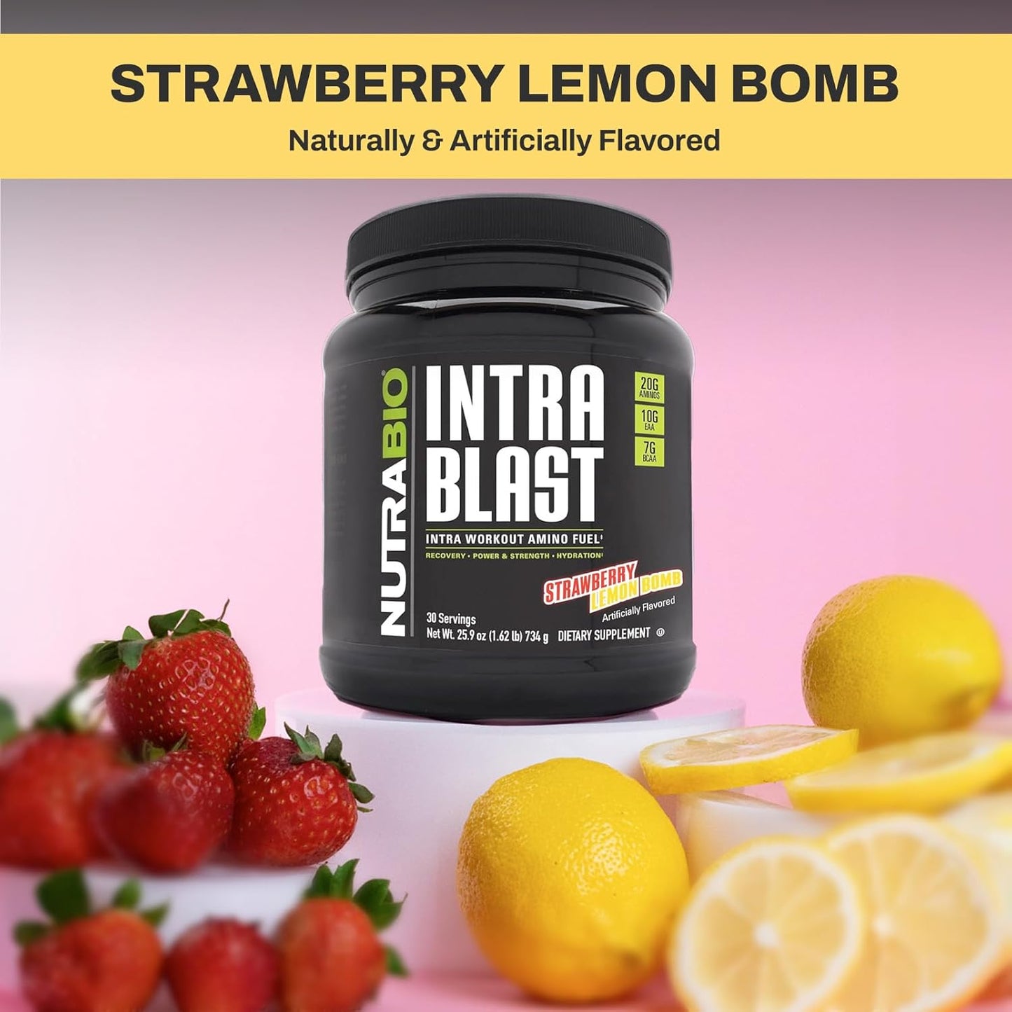 NutraBio Intra Blast Amino Acid Supplement - BCAA EAA Electrolyte Powder, Non-GMO, Gluten-Free - Strawberry Lemon Bomb, 30 Servings