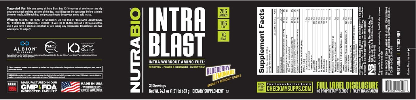 NutraBio Intra Blast Amino Acid Supplement - Blueberry Lemonade Powder with Electrolytes, BCAA, and EAA - Non-GMO & Gluten Free - 30 Servings