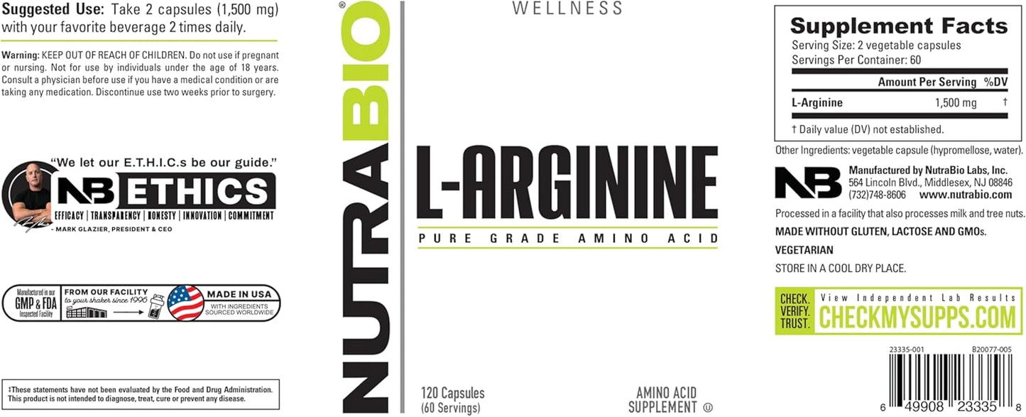 NutraBio L-Arginine 750mg Supplement - Supports Blood Flow & Muscle Growth - Nitric Oxide Precursor - 120 Capsules for Men and Women