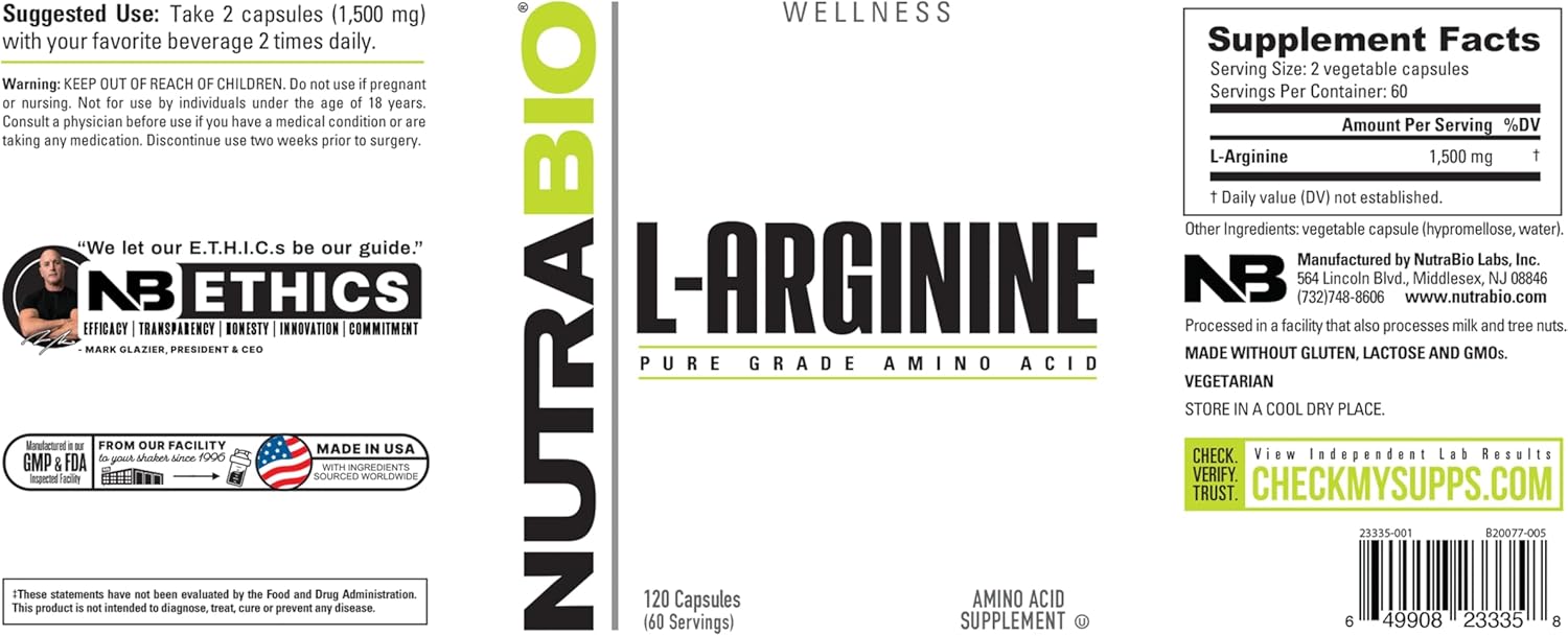 NutraBio L-Arginine 750mg Supplement - Supports Blood Flow & Muscle Growth - Nitric Oxide Precursor - 120 Capsules for Men and Women