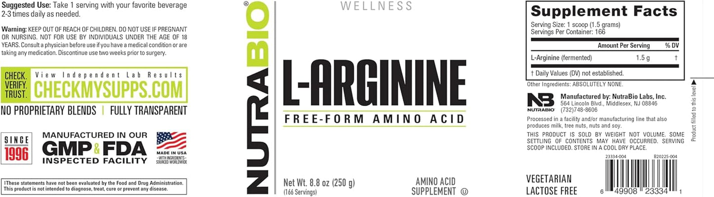 NutraBio L-Arginine Supplement 750mg - Promotes Nitric Oxide Production for Enhanced Blood Flow, Vascular Health, and Muscle Growth - 250g
