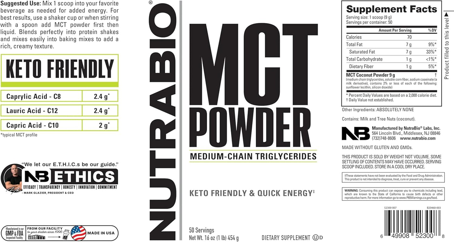 NutraBio MCT Powder - 1 lb. Powder for Lean Weight Gain and Keto Friendly Diet - 50 Servings