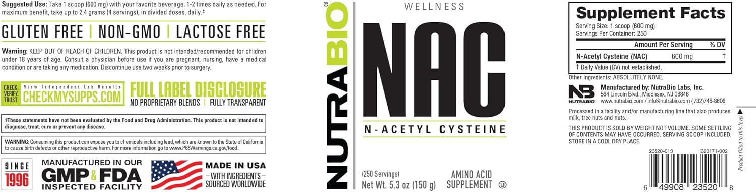 NutraBio N-Acetyl Cysteine (NAC) Powder Supplement - 150g, 600mg Serving - Immune Support, Antioxidant - Non-GMO, Gluten-Free, No Fillers