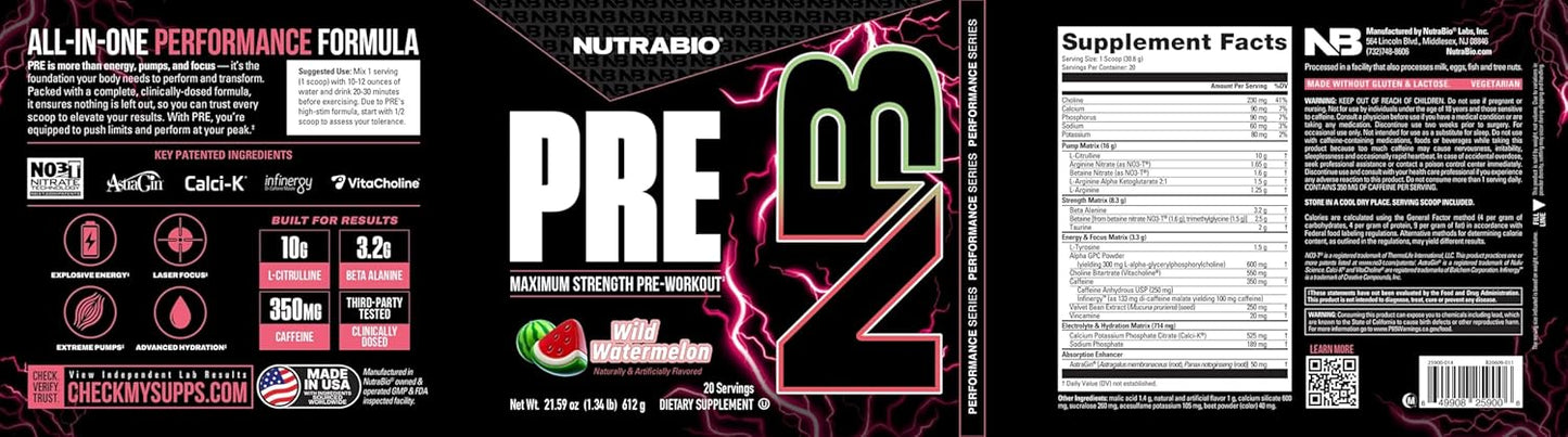 NutraBio PRE Workout for Men - New Formula Boosts Energy and Performance - 20 Servings Wild Watermelon Flavor