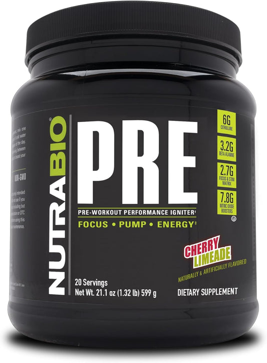 NutraBio PRE Workout Powder - Cherry Limeade Flavor - Enhanced Energy and Focus Formula - Clinically Proven Ingredients - 20 Servings