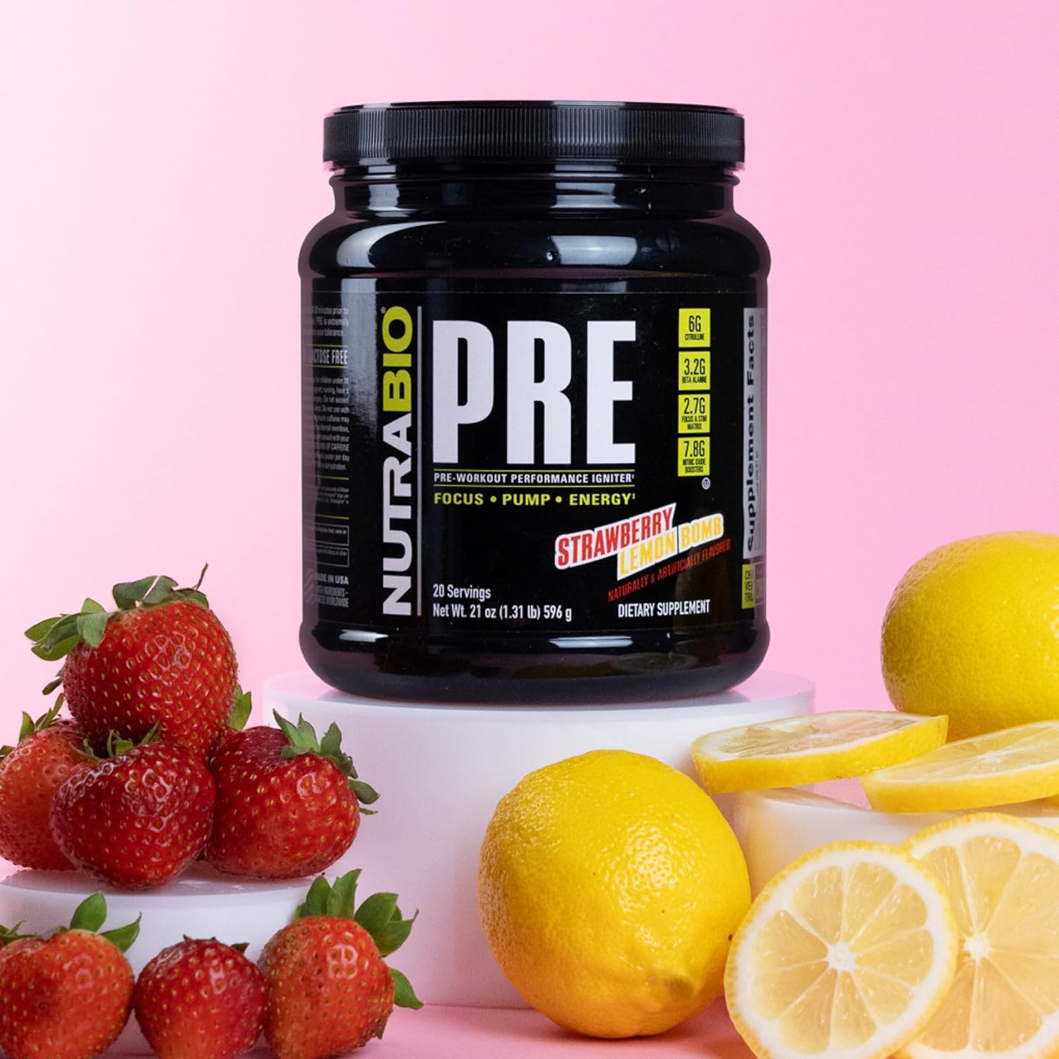 NutraBio PRE Workout Powder - Strawberry Lemon Bomb Flavor - Clinically Dosed Formula with Beta Alanine, Creatine, Caffeine, Electrolytes - 20 Servings for Sustained Energy and Mental Focus