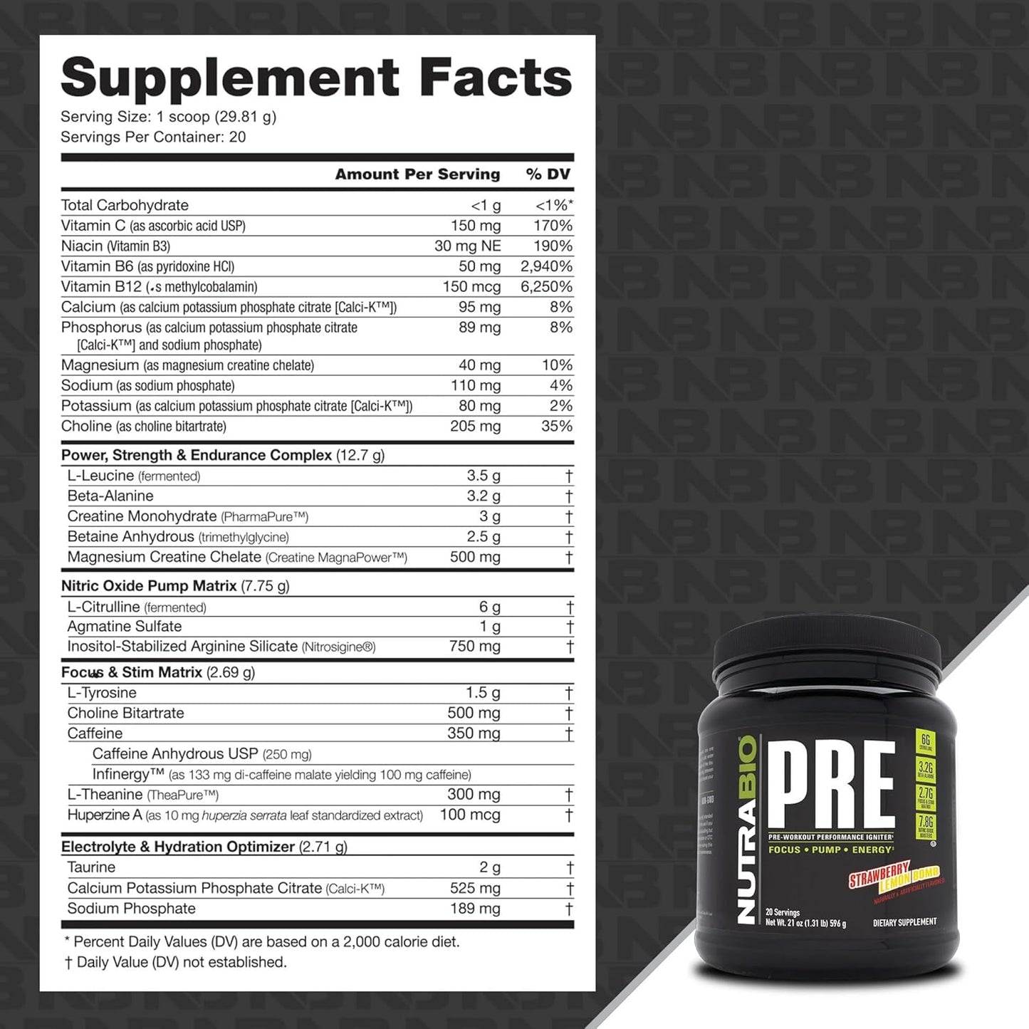 NutraBio PRE Workout Powder - Strawberry Lemon Bomb Flavor - Clinically Dosed Formula with Beta Alanine, Creatine, Caffeine, Electrolytes - 20 Servings for Sustained Energy and Mental Focus