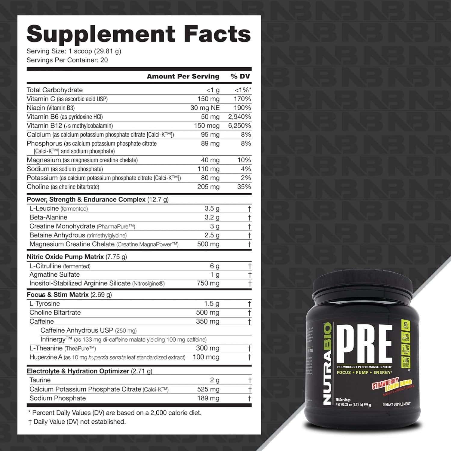 NutraBio PRE Workout Powder - Strawberry Lemon Bomb Flavor - Clinically Dosed Formula with Beta Alanine, Creatine, Caffeine, Electrolytes - 20 Servings for Sustained Energy and Mental Focus