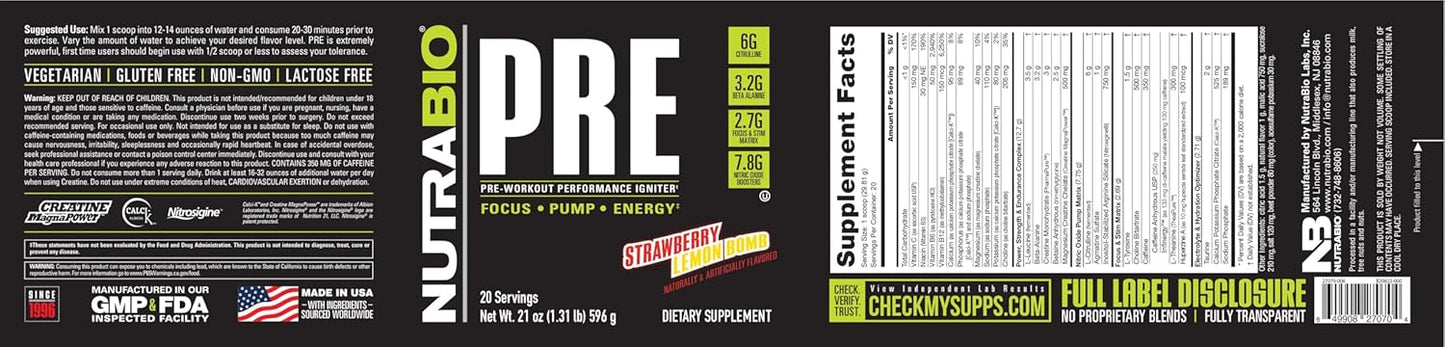 NutraBio PRE Workout Powder - Strawberry Lemon Bomb Flavor - Clinically Dosed Formula with Beta Alanine, Creatine, Caffeine, Electrolytes - 20 Servings for Sustained Energy and Mental Focus