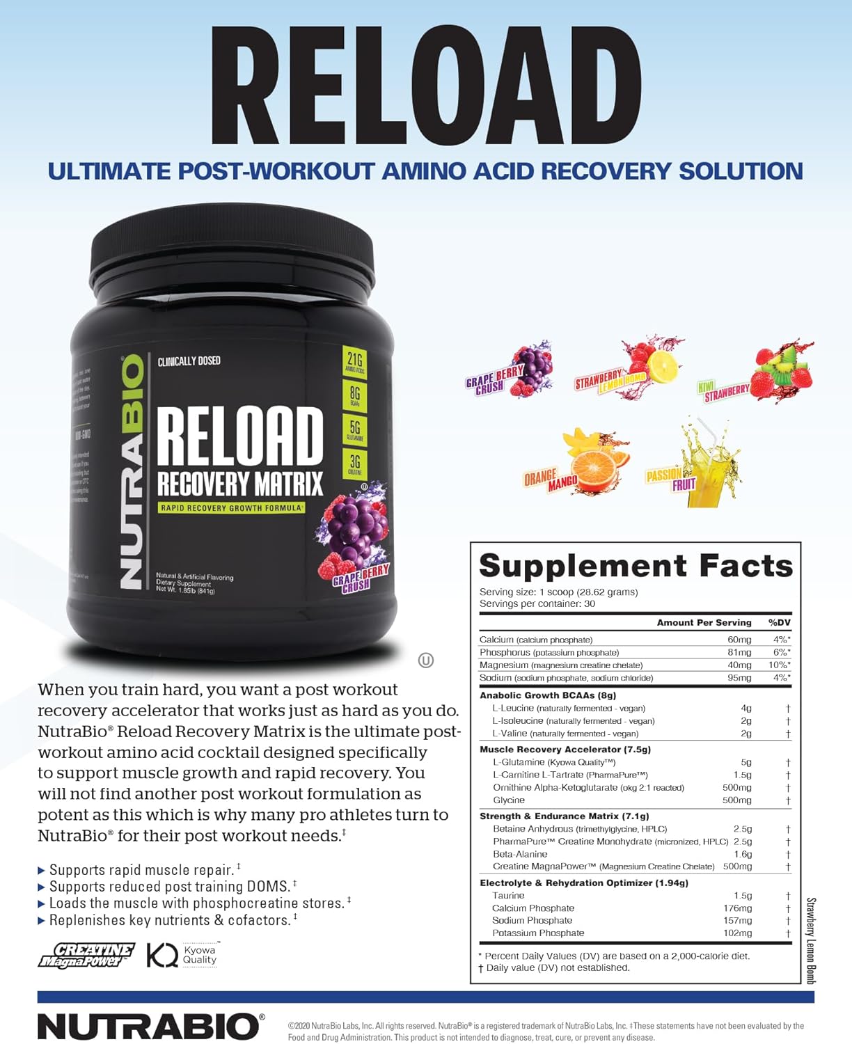 NutraBio Reload Post-Workout Supplement - Muscle Recovery Formula with 3G Creatine, 8G BCAAs, and 5G Glutamine - Strawberry Lemon Bomb Flavor - 30 Servings