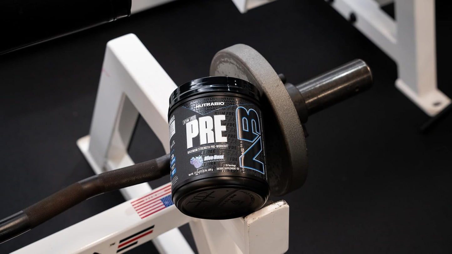 NutraBio STIM-Free PRE Workout for Men - Enhanced Formula for Laser Focus and Extreme Pumps - 20 Servings Blue Razz