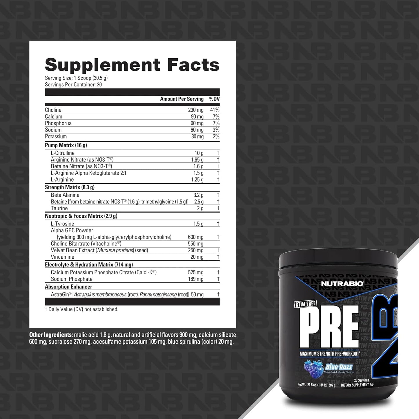 NutraBio STIM-Free PRE Workout for Men - Enhanced Formula for Laser Focus and Extreme Pumps - 20 Servings Blue Razz