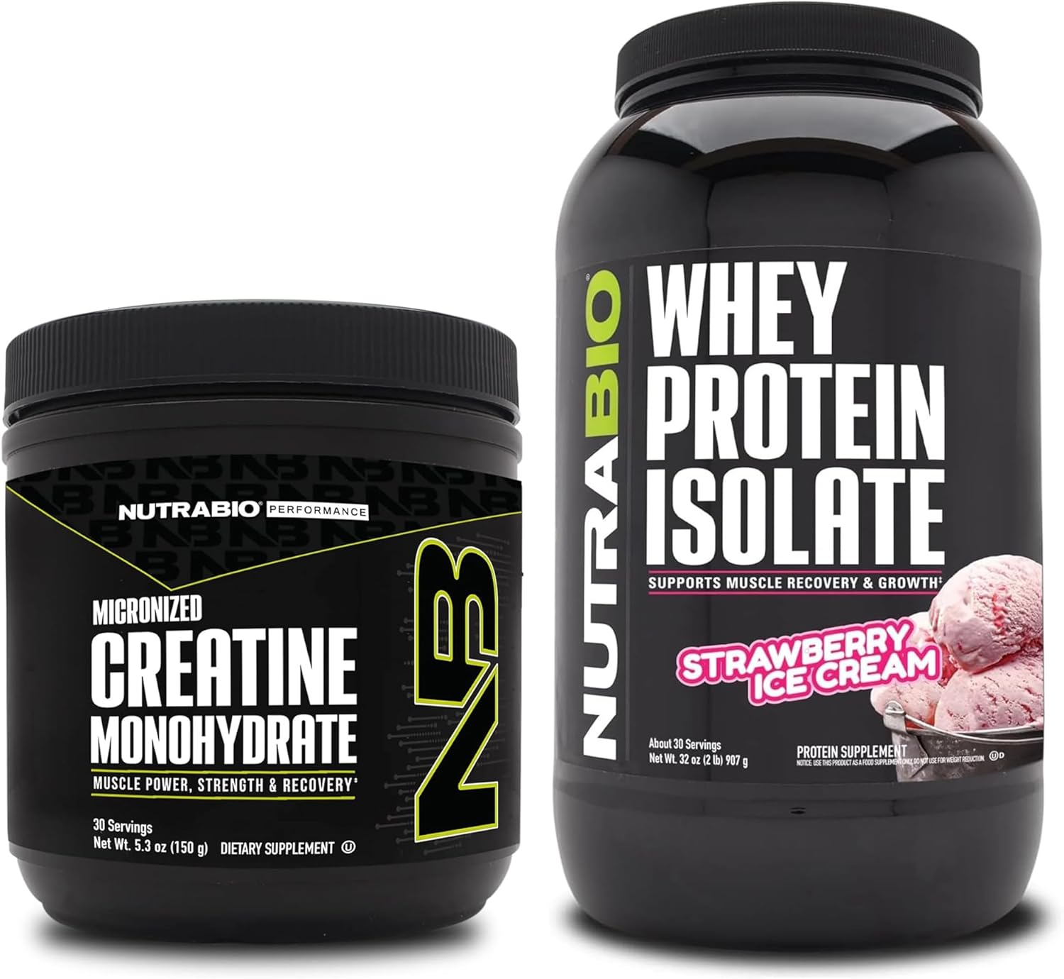 NutraBio Supplement Bundle: Creatine Monohydrate and Strawberry Whey Protein Isolate for Muscle Energy, Growth, Recovery, and Strength - 150g