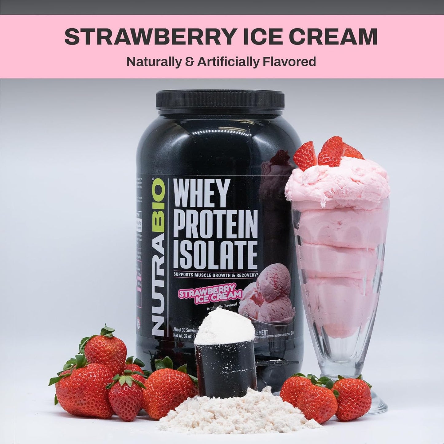 NutraBio Supplement Bundle: Creatine Monohydrate and Strawberry Whey Protein Isolate for Muscle Energy, Growth, Recovery, and Strength - 150g