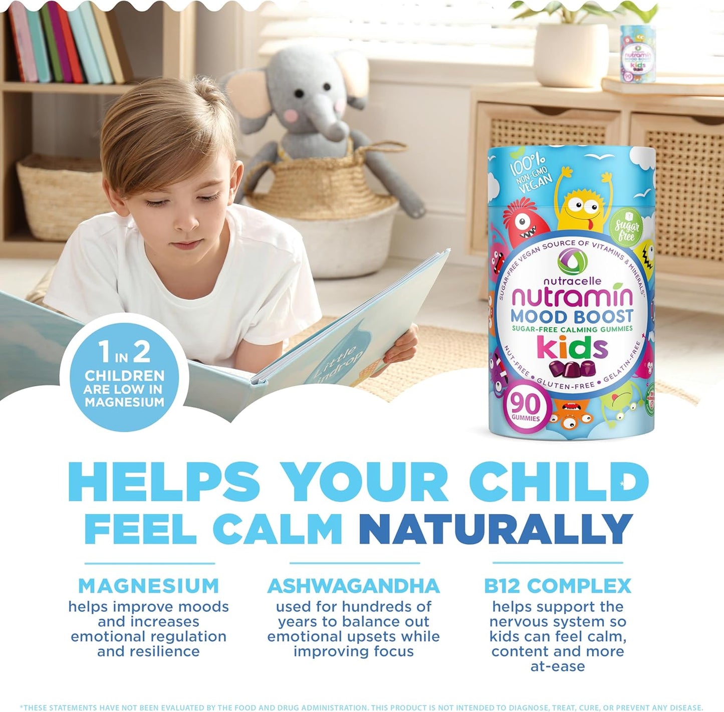 Nutracelle NUTRAMIN Kids Mood Boost Vegam Vitamin Gummy: Calming Magnesium Citrate Supplement with Ashwagandha & Vitamin B Complex - Sugar-Free, Allergy-Safe, Non-GMO 90 ct