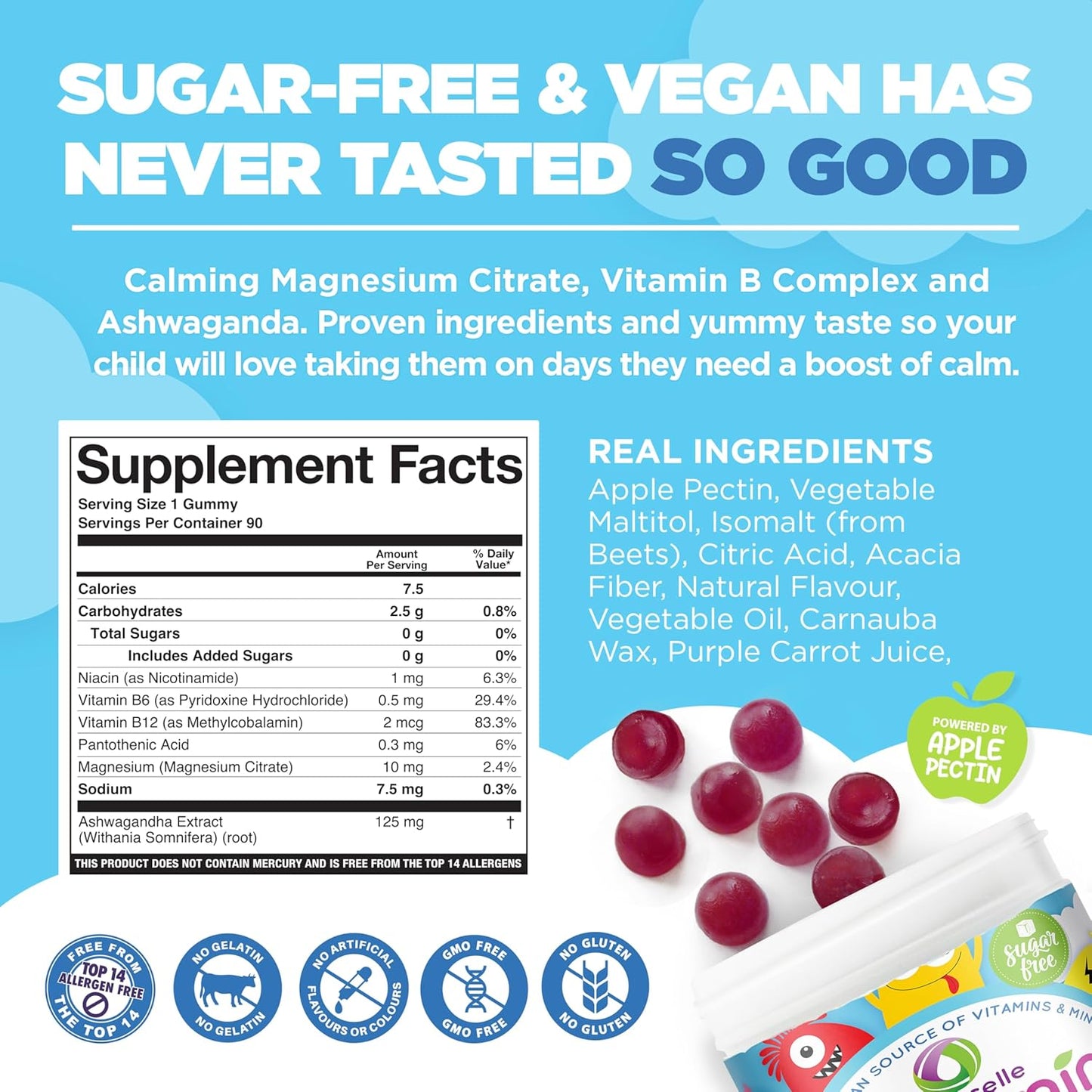 Nutracelle NUTRAMIN Kids Mood Boost Vegam Vitamin Gummy: Calming Magnesium Citrate Supplement with Ashwagandha & Vitamin B Complex - Sugar-Free, Allergy-Safe, Non-GMO 90 ct