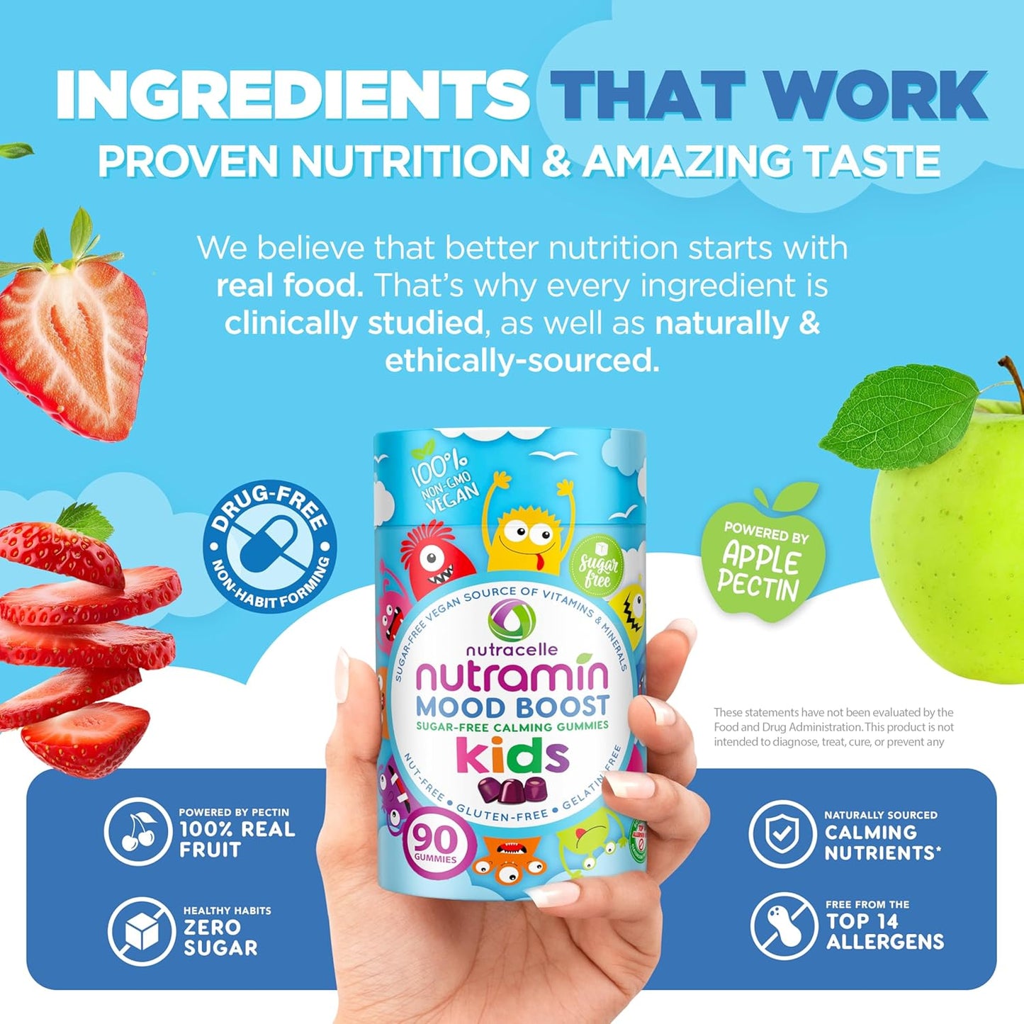 Nutracelle NUTRAMIN Kids Mood Boost Vegam Vitamin Gummy: Calming Magnesium Citrate Supplement with Ashwagandha & Vitamin B Complex - Sugar-Free, Allergy-Safe, Non-GMO 90 ct