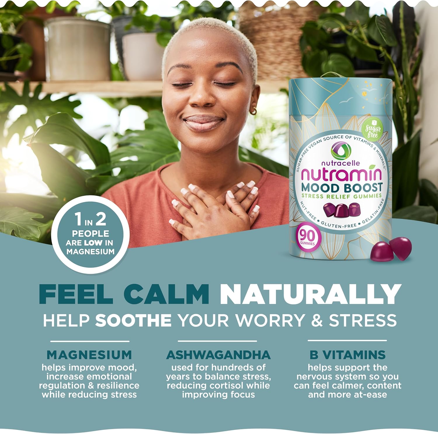 Nutracelle NUTRAMIN Mood Boost Multivitamin Gummies - Anti-Stress & Focus Formula with Magnesium, Ashwagandha, B Complex Vitamins - 90 Count, Sugar-Free & Vegan