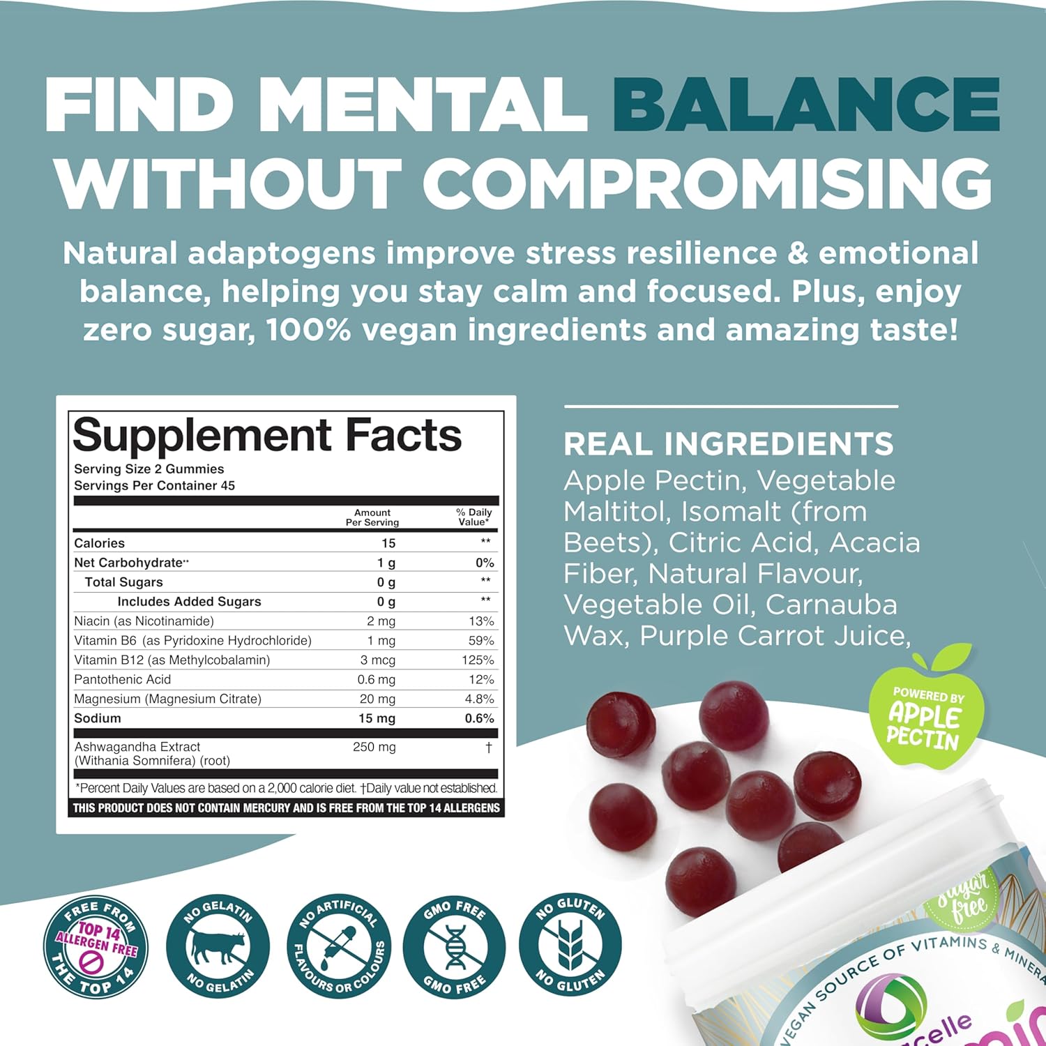 Nutracelle NUTRAMIN Mood Boost Multivitamin Gummies - Anti-Stress & Focus Formula with Magnesium, Ashwagandha, B Complex Vitamins - 90 Count, Sugar-Free & Vegan