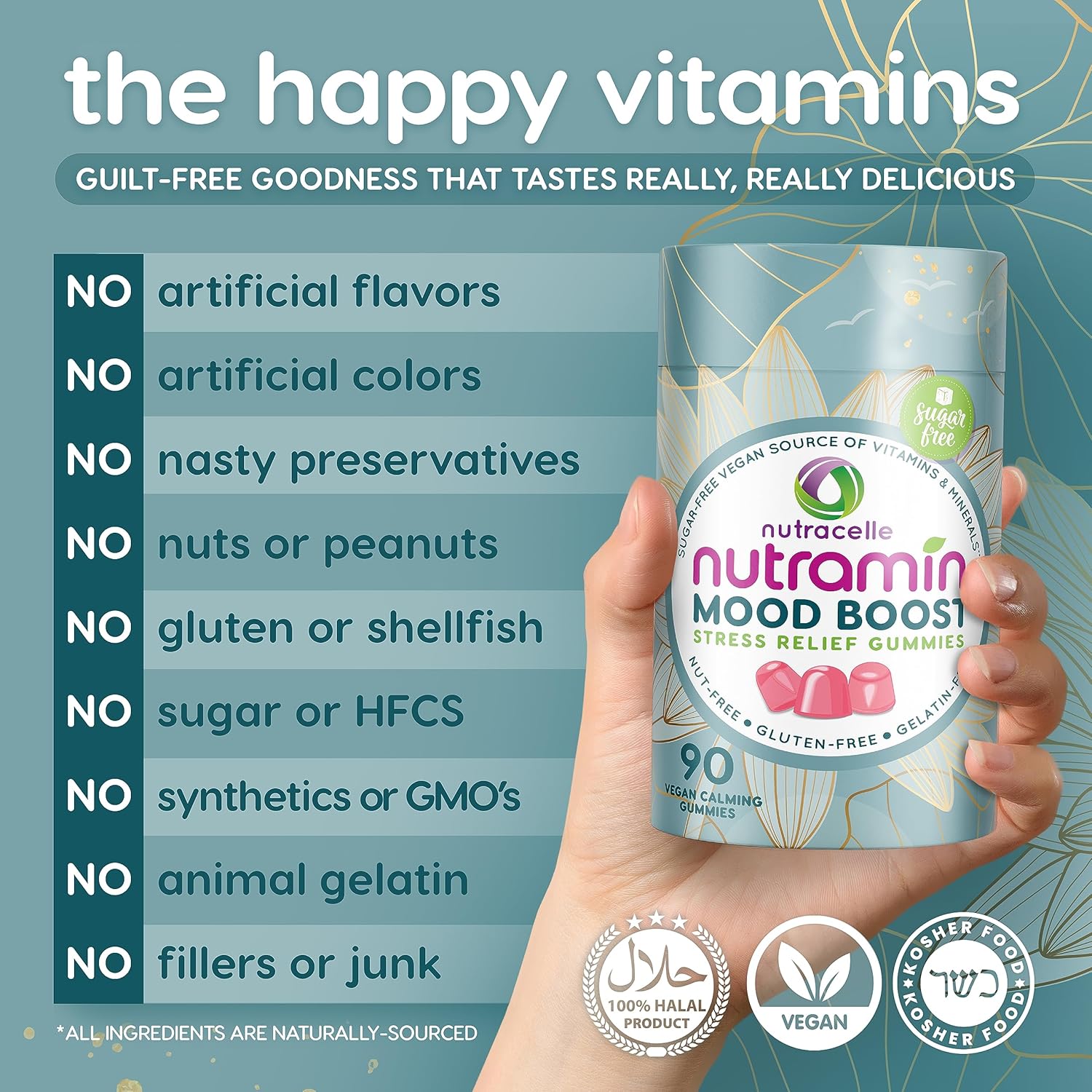 Nutracelle NUTRAMIN Mood Boost Multivitamin Gummies - Anti-Stress & Focus Formula with Magnesium, Ashwagandha, B Complex Vitamins - 90 Count, Sugar-Free & Vegan