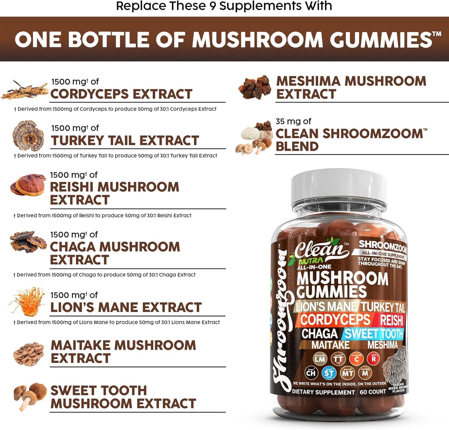 Nutraceutical 15in1 Mushroom Gummies with Lion's Mane, Turkey Tail, Cordyceps, Reishi, Chaga, Maitake, Shiitake Mushrooms - 2Pack