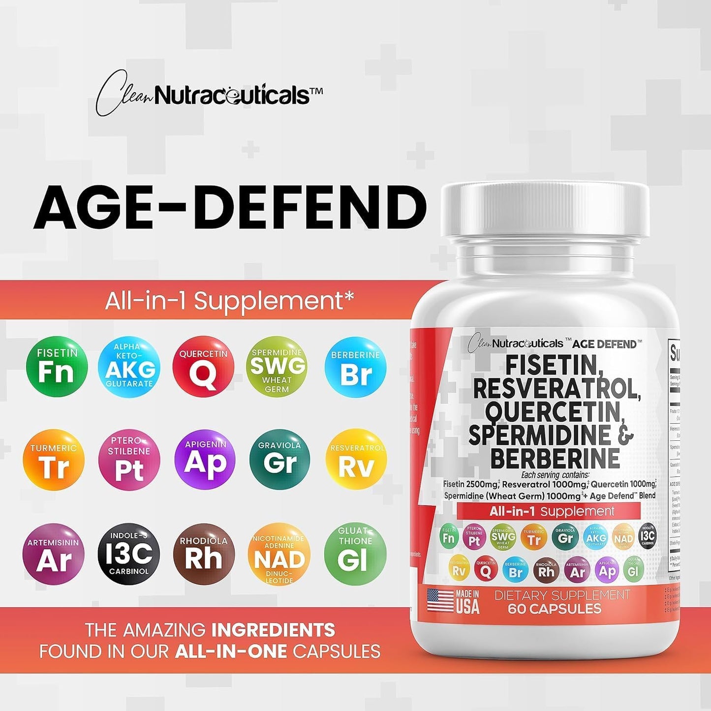 Nutraceuticals Blend for Longevity: Fisetin, Quercetin, Resveratrol, Spermidine, Wheat Germ Extract - Health Supplement with Berberine, Collagen, Rhodiola, Apigenin