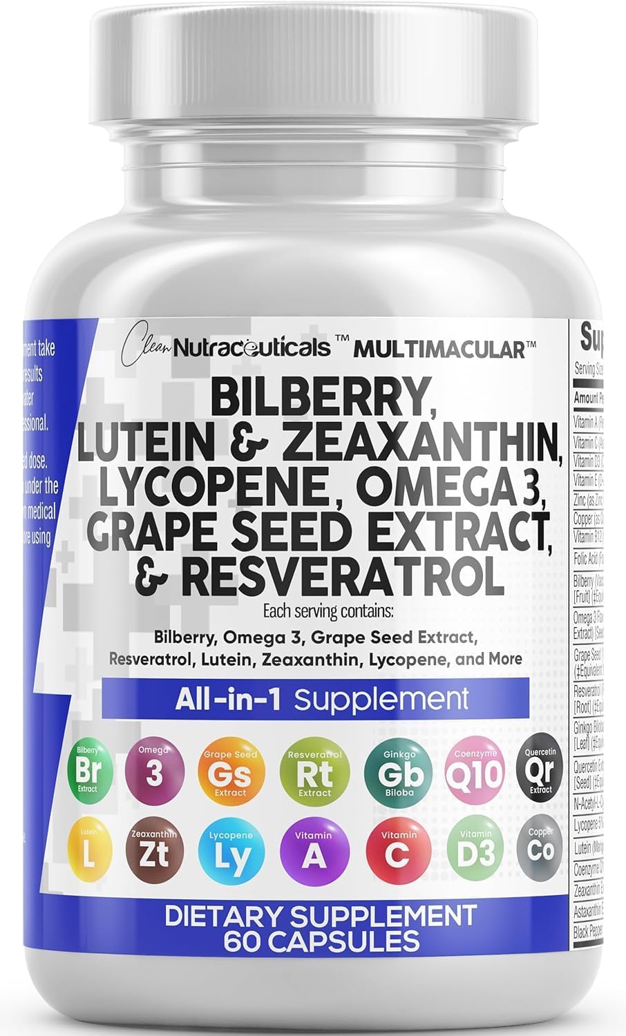 Nutraceuticals Eye Health Vitamins with Bilberry, Lutein, Zeaxanthin, Lycopene, Resveratrol, Omega 3, Astaxanthin - 60 Capsules