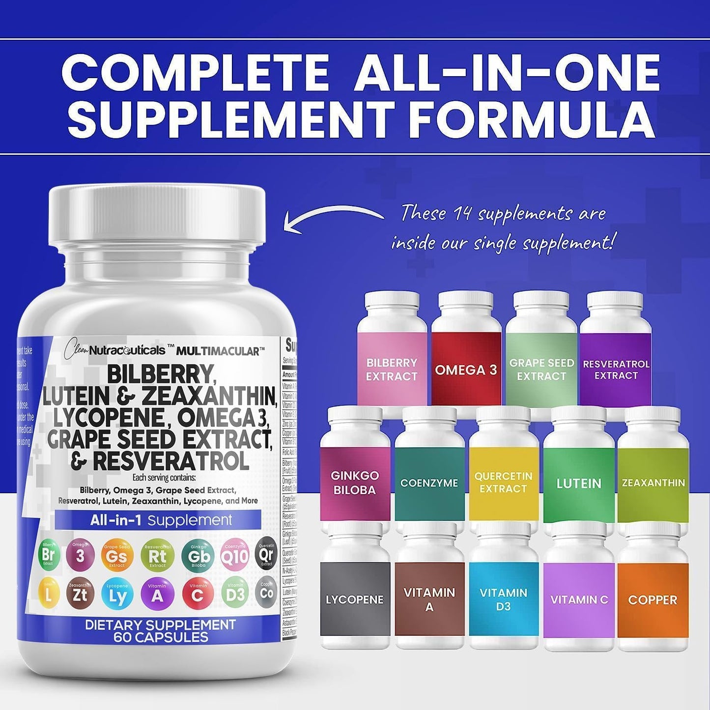 Nutraceuticals Eye Health Vitamins with Bilberry, Lutein, Zeaxanthin, Lycopene, Resveratrol, Omega 3, Astaxanthin - 60 Capsules
