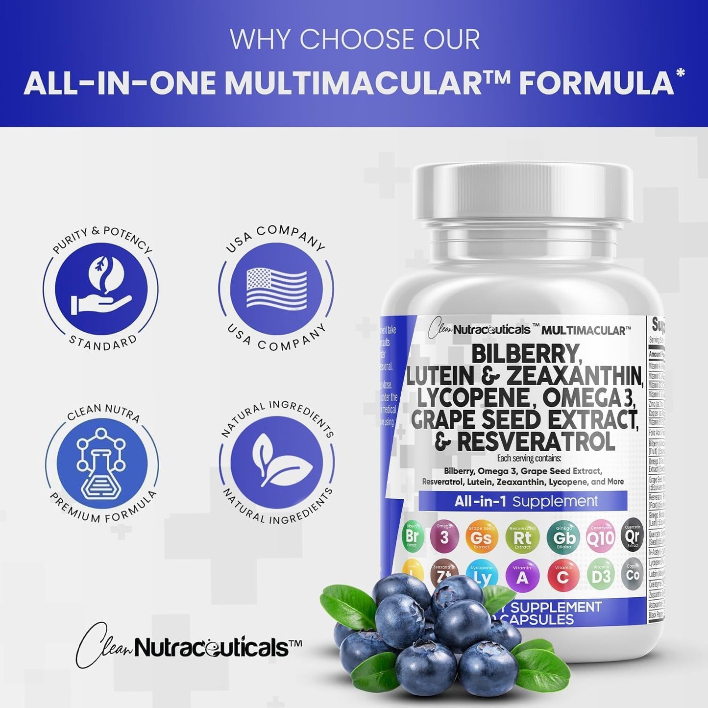 Nutraceuticals Eye Health Vitamins with Bilberry, Lutein, Zeaxanthin, Lycopene, Resveratrol, Omega 3, Astaxanthin - 60 Capsules