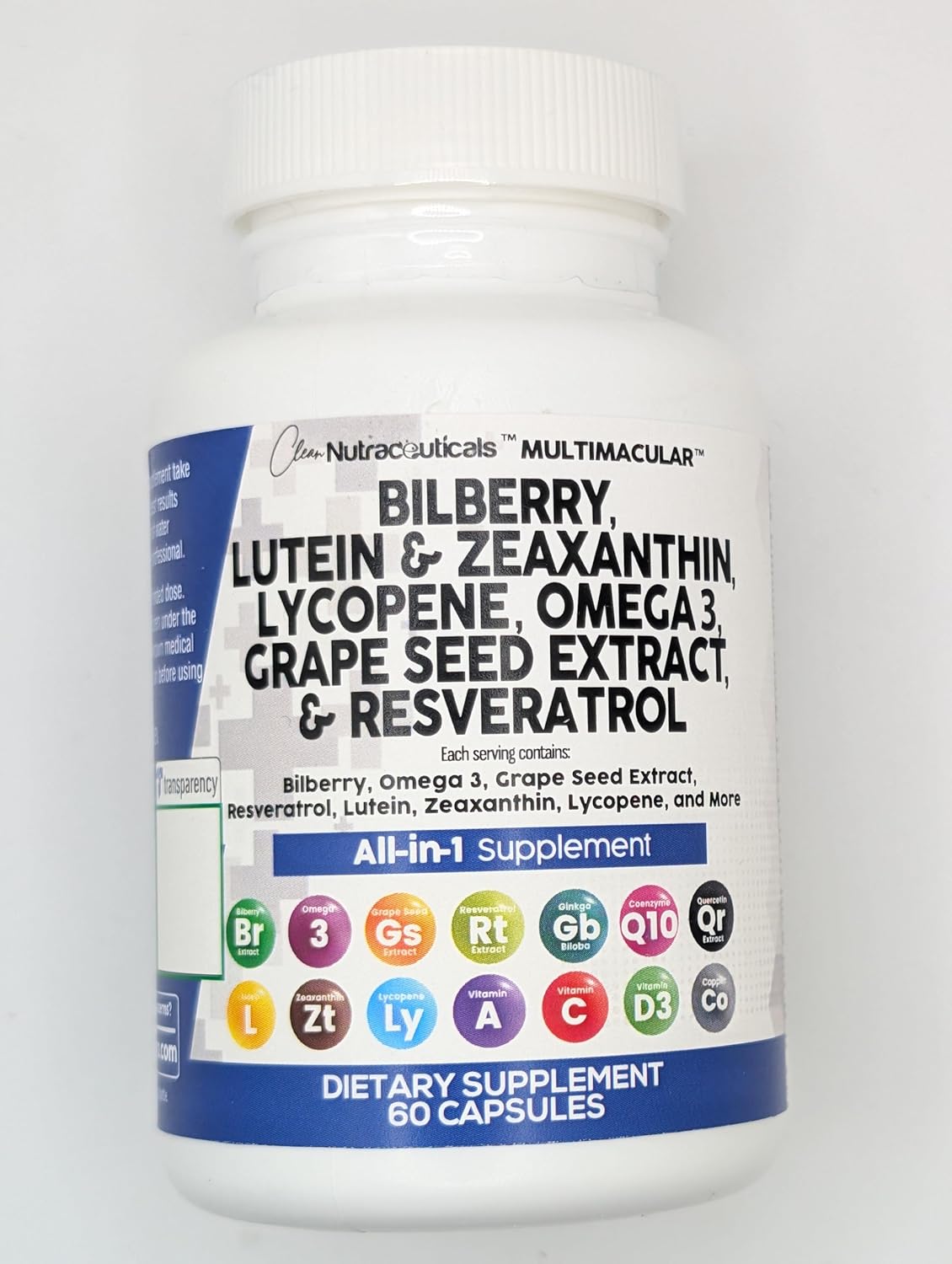 Nutraceuticals Eye Health Vitamins with Bilberry, Lutein, Zeaxanthin, Lycopene, Resveratrol, Omega 3, Astaxanthin - 60 Capsules