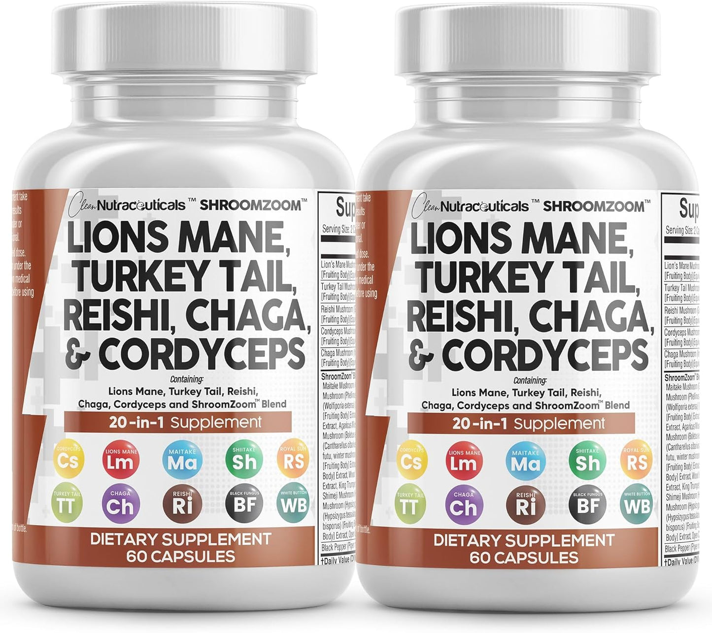 Nutraceuticals Lions Mane 20in1 Mushroom Supplement with Turkey Tail Reishi Cordyceps Chaga Maitake Meshima Poria Cocos Shiitake Oyster Porcini Enoki - Twin Pack