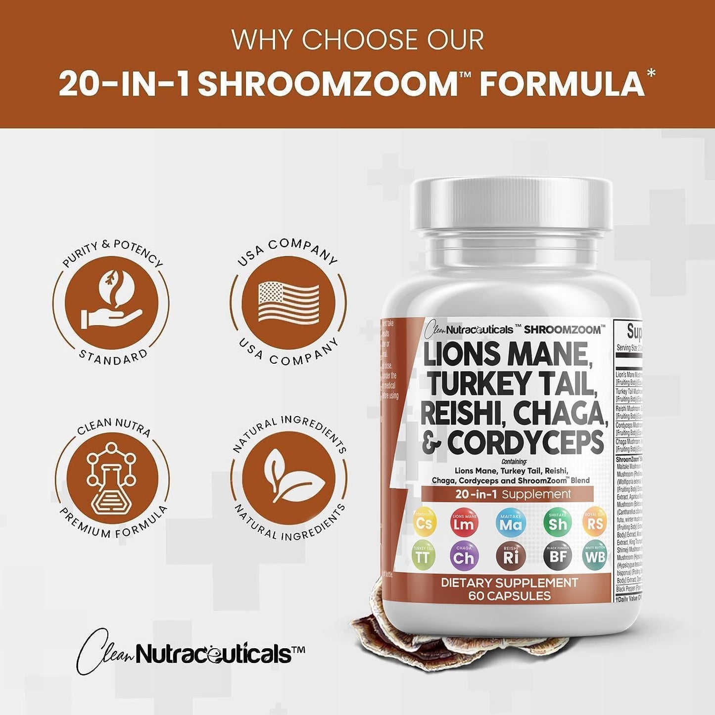 Nutraceuticals Lions Mane 20in1 Mushroom Supplement with Turkey Tail Reishi Cordyceps Chaga Maitake Meshima Poria Cocos Shiitake Oyster Porcini Enoki - Twin Pack