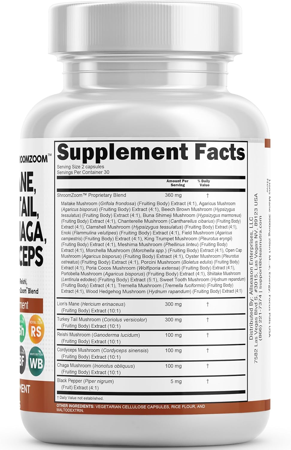 Nutraceuticals Lions Mane 20in1 Mushroom Supplement with Turkey Tail Reishi Cordyceps Chaga Maitake Meshima Poria Cocos Shiitake Oyster Porcini Enoki - Twin Pack