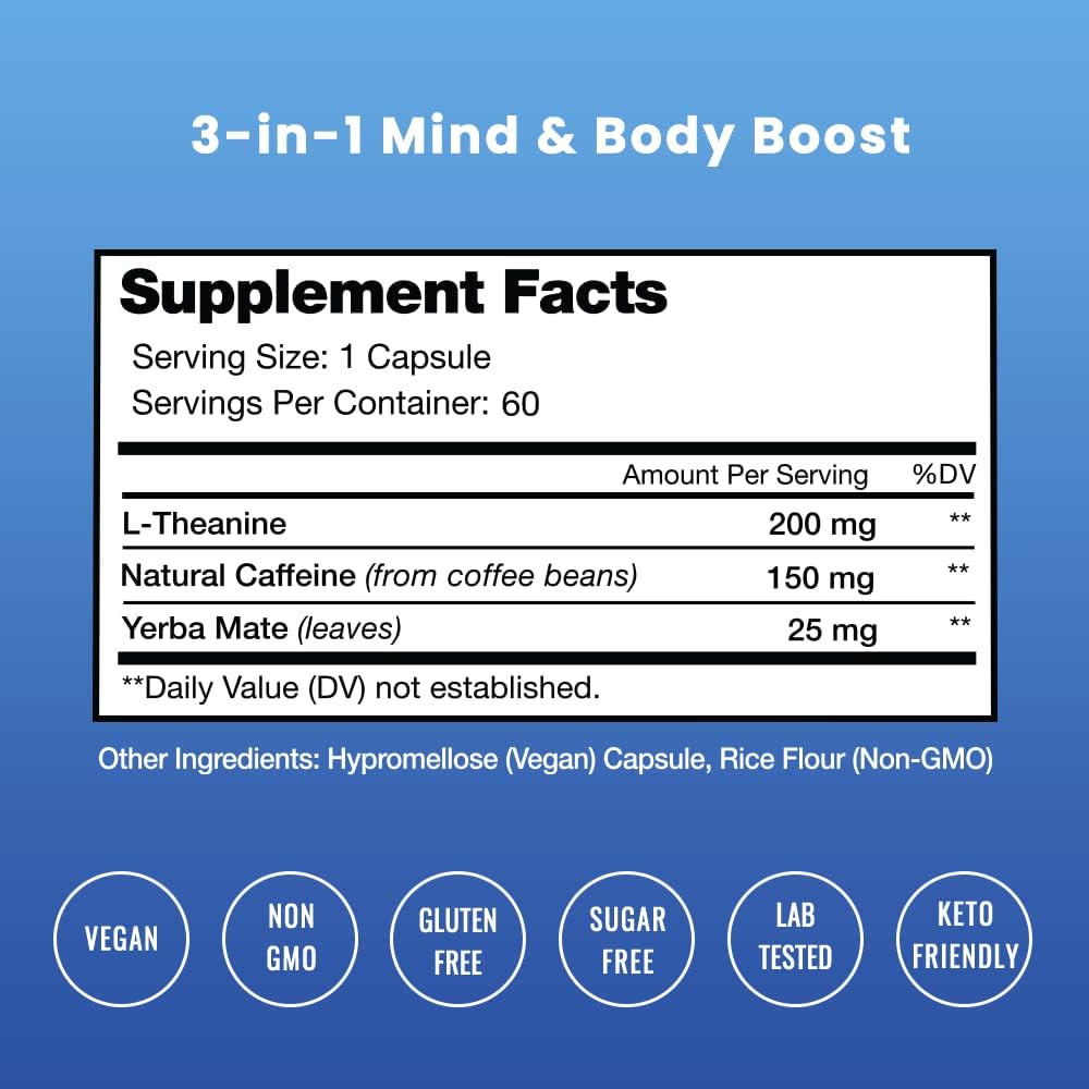 NutraChamps Caffeine and L-Theanine Energy Pills - Vegan Supplement for Clean Focus & Performance, No Crash or Jitters - 60 Count